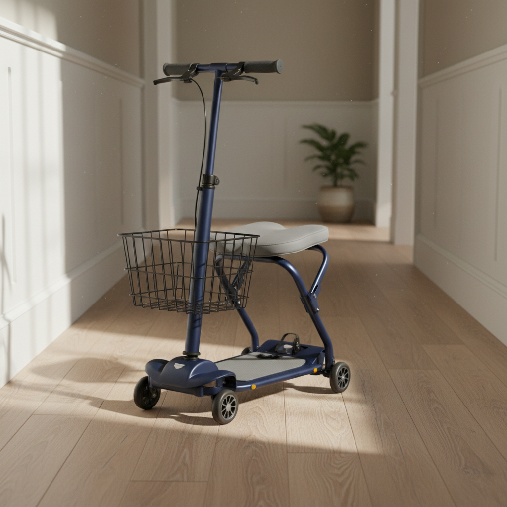 Navy blue knee walker scooter with padded gray knee rest and front basket parked on pale oak floor in a sunlit hallway