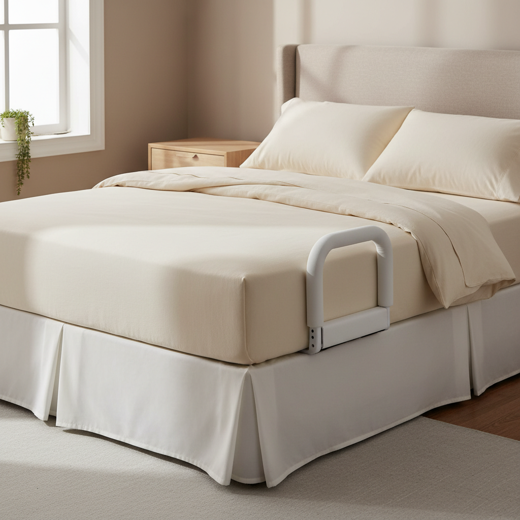 Padded bedside grab bar mounted between mattress and box spring on a neatly made bed with cream linens