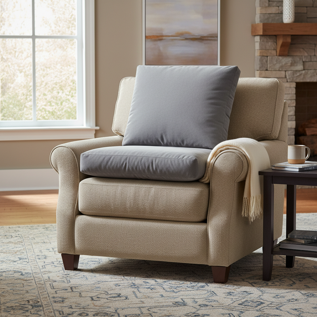 Soft fog-gray lift cushion resting on a beige fabric armchair in a cozy living room with side daylight