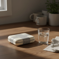 Cream and gray weekly smart pill organizer on a wooden kitchen counter beside a glass of water and folded linen napkin