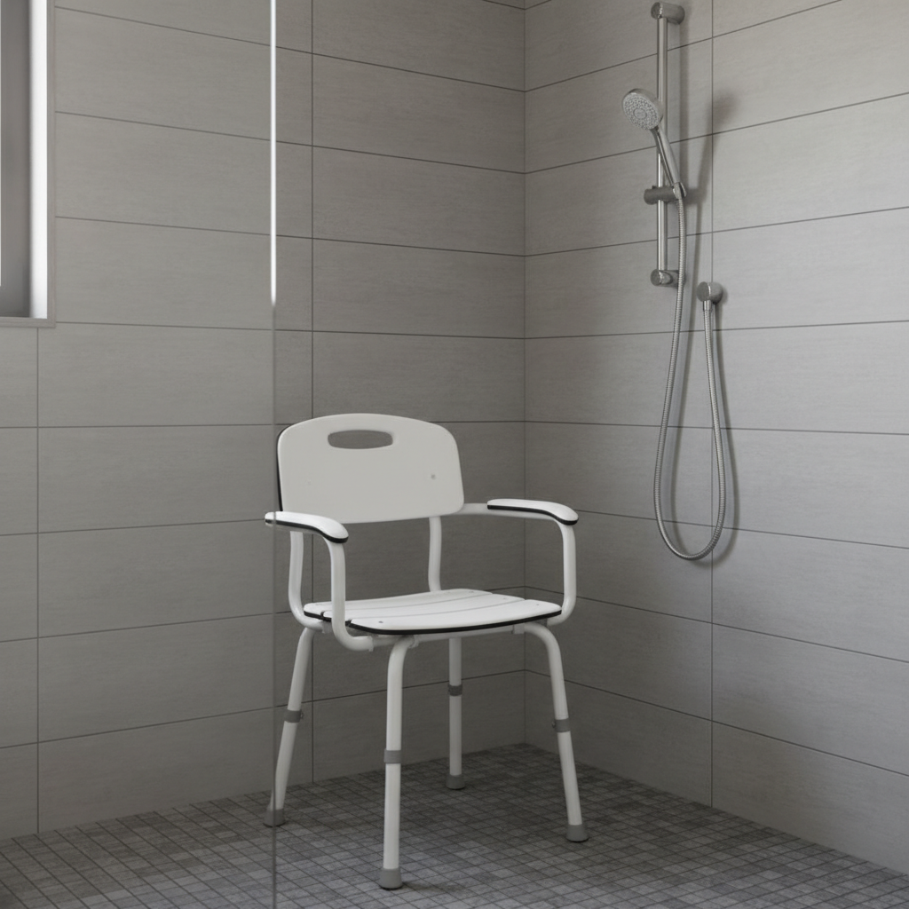 White aluminum shower chair with backrest inside a clean walk-in shower with light gray tile